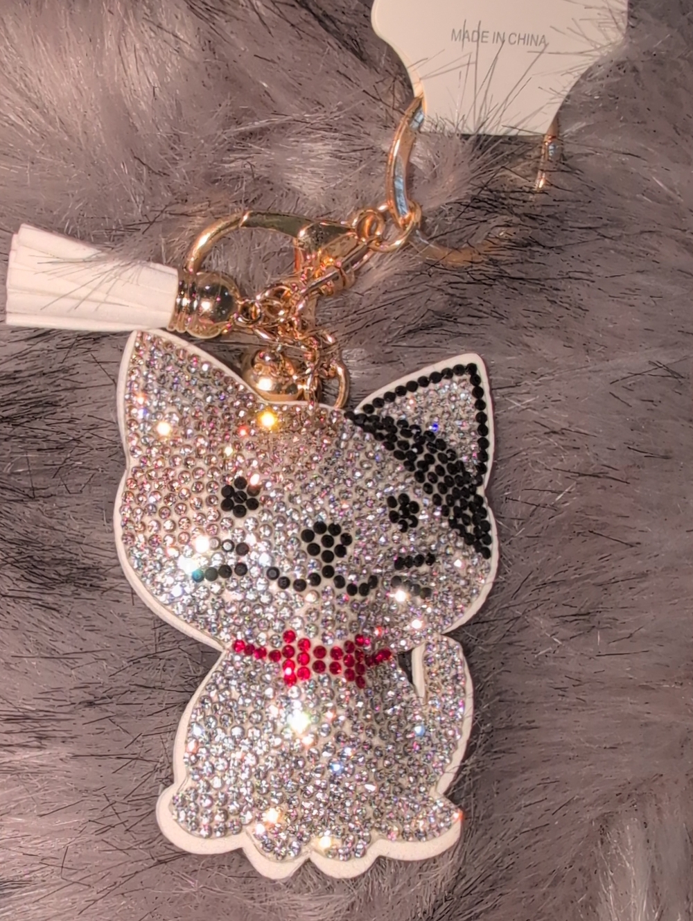 Sparkling Silver Cat Keychain Bag Charm with Red Collar